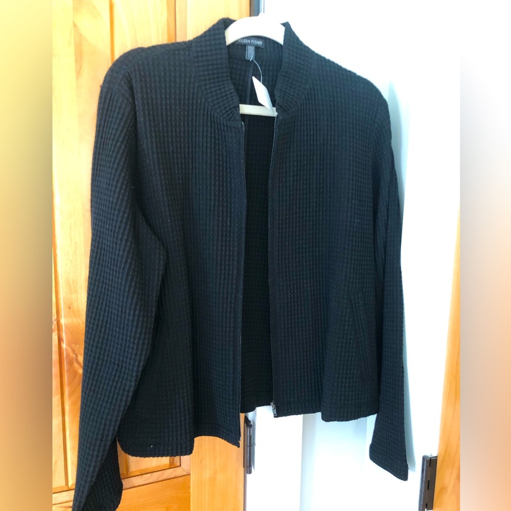 Eileen Fisher cropped zip up waffle black jacket